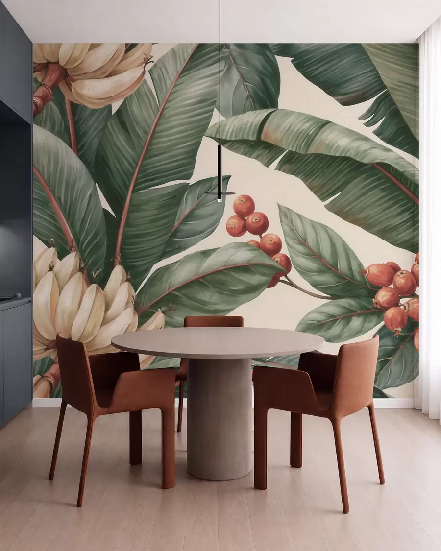 wall murals Тропски листови банане са гроздовима црвених бобица кафе, акварел стил w09997