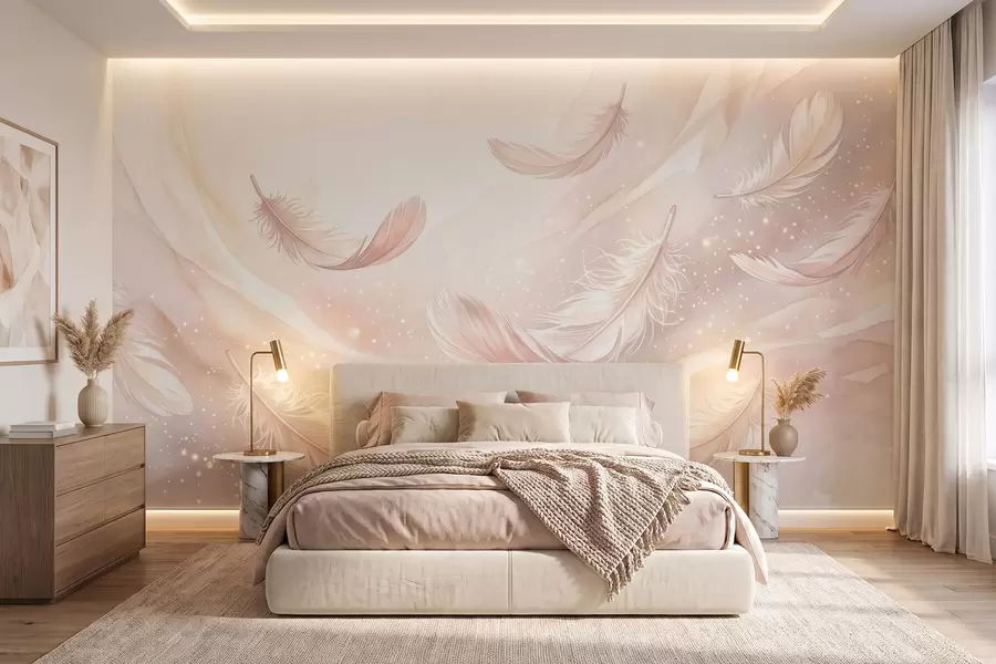 wall murals Нежно прозрачно перје у бресквасто-ружичастој измаглици са сјајем w10003