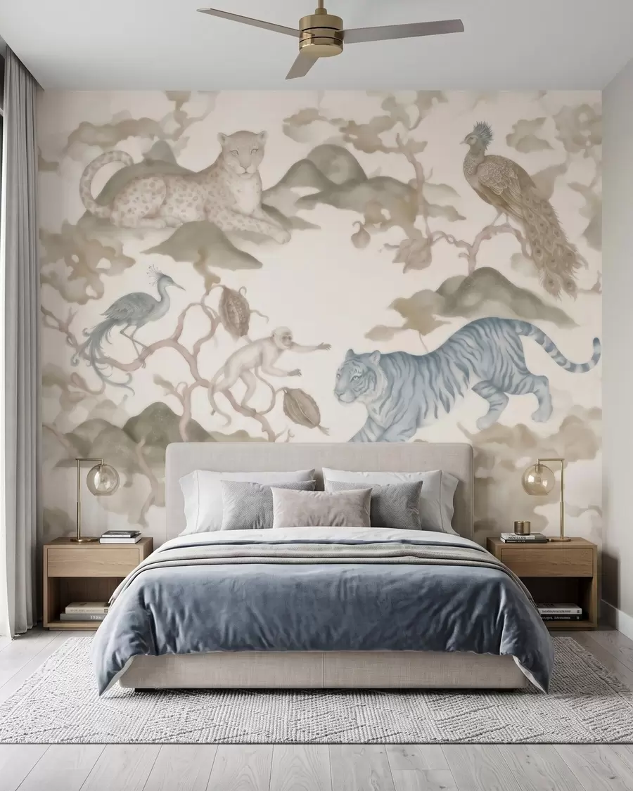 wall murals Царска башта са животињама у оријенталном стилу — мајмуном, леопардом, тигром, пауном и чапљом w10011