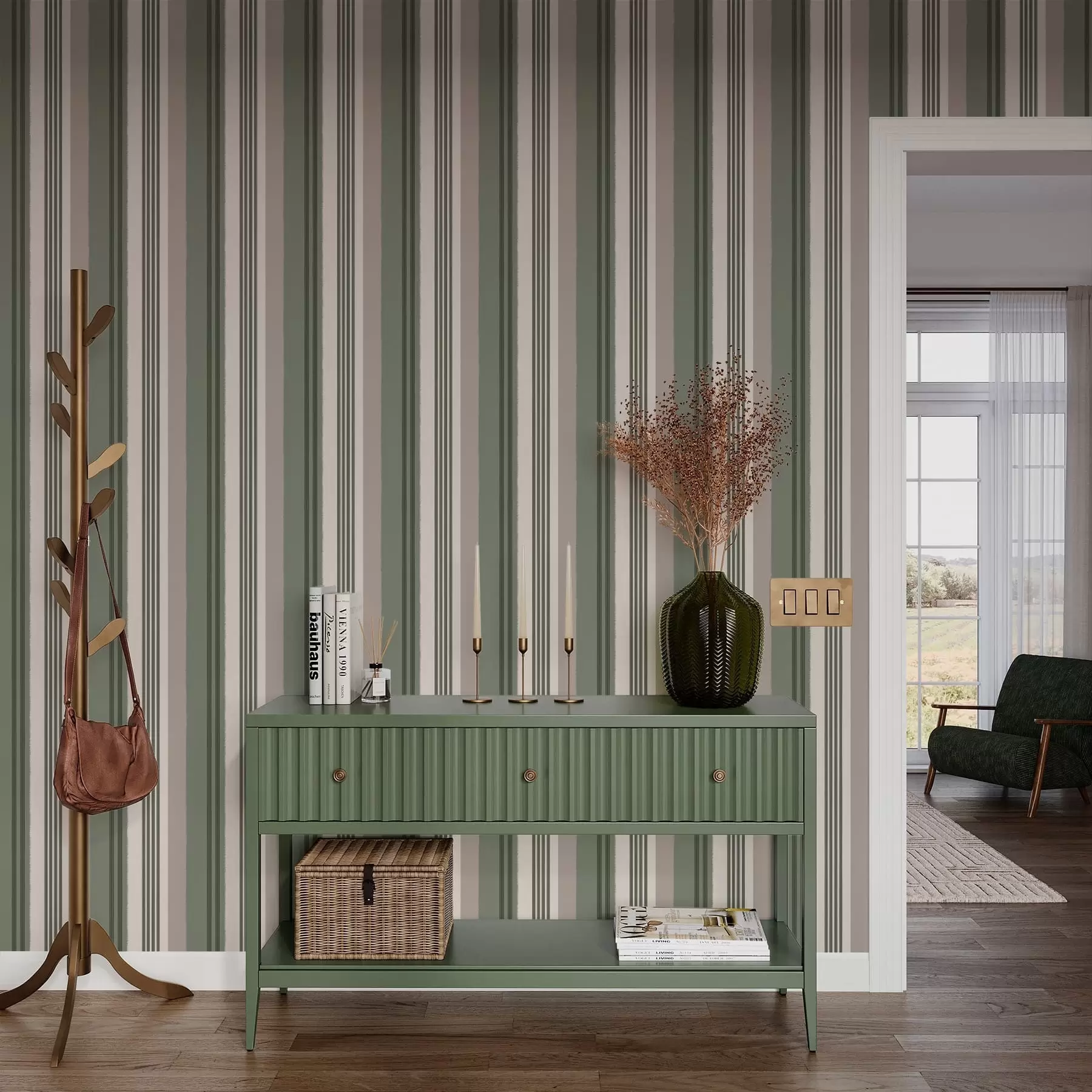 wall murals Широке зелене и кремасте пруге a01248