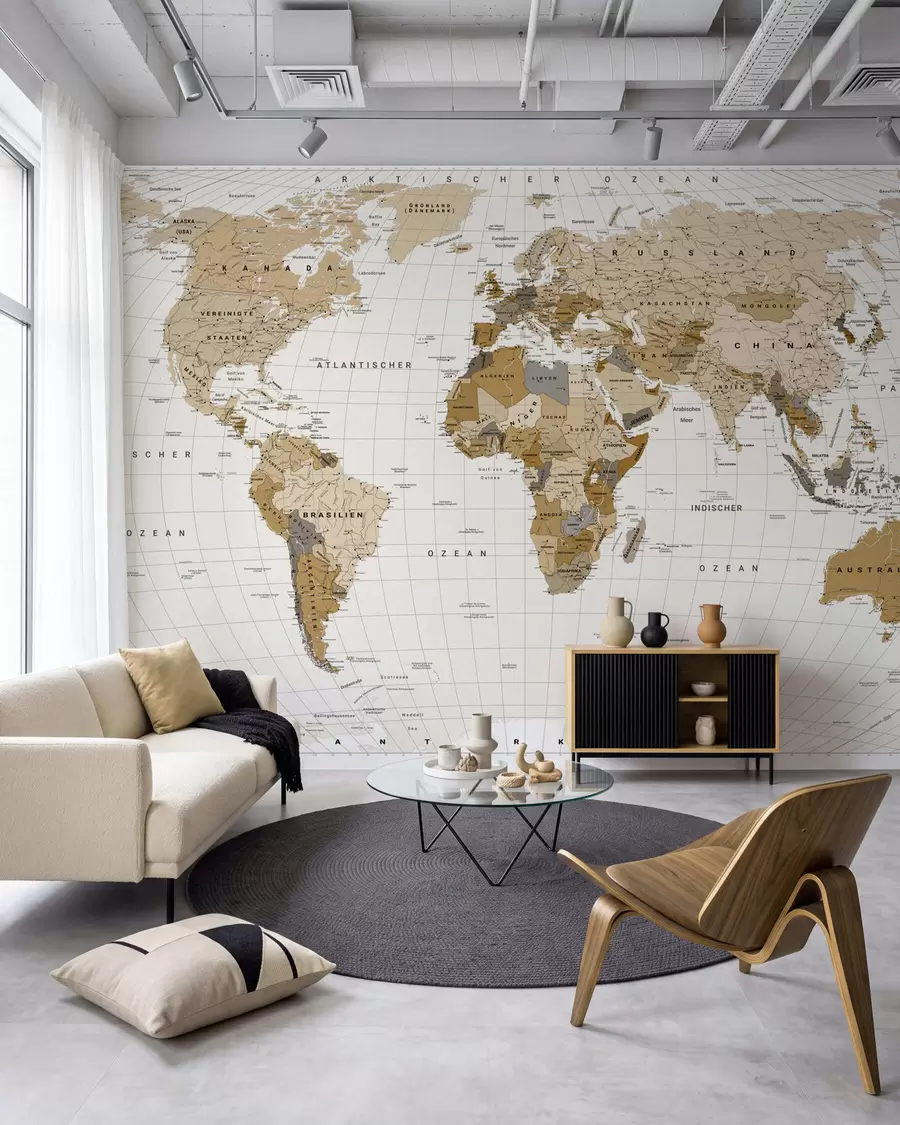 wall murals Смеђа политичка мапа света са заставама на немачком језику c00016de
