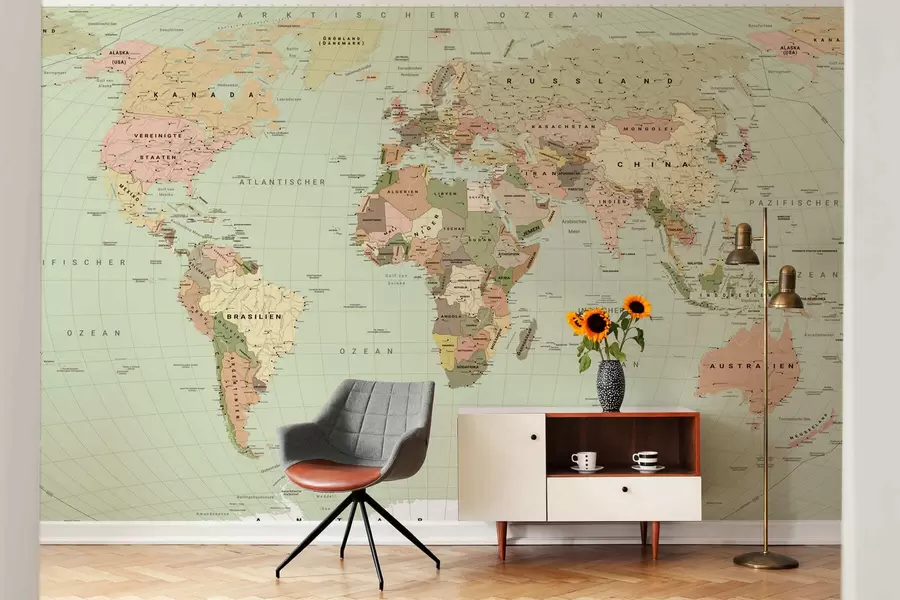 wall murals Маслинасто обојена политичка мапа света са заставама, на немачком језику c00016dev3