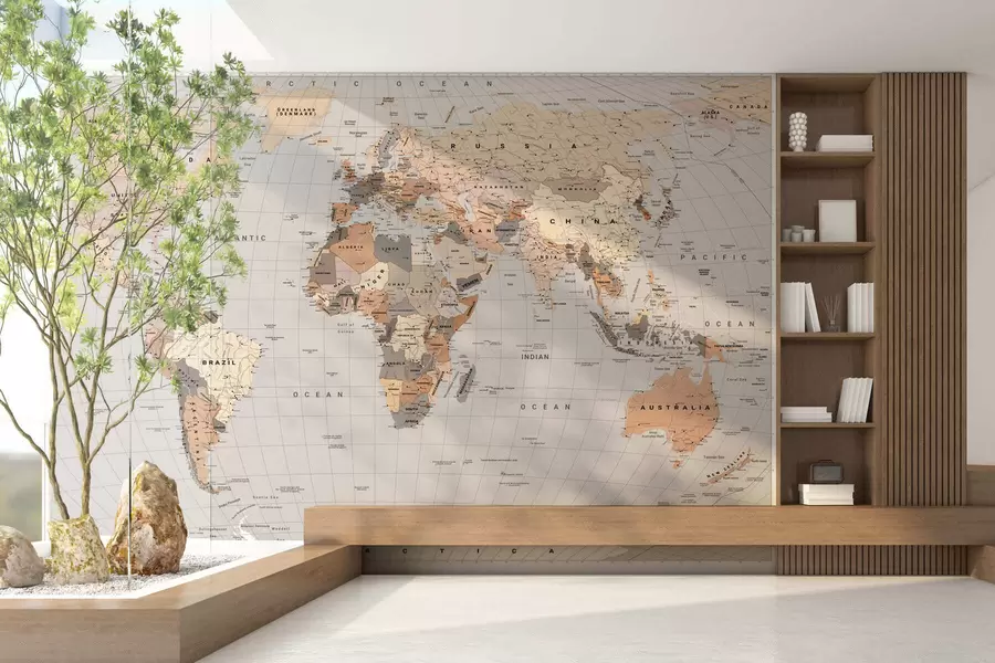 wall murals Беж политичка мапа света са заставама на енглеском језику c00016env1