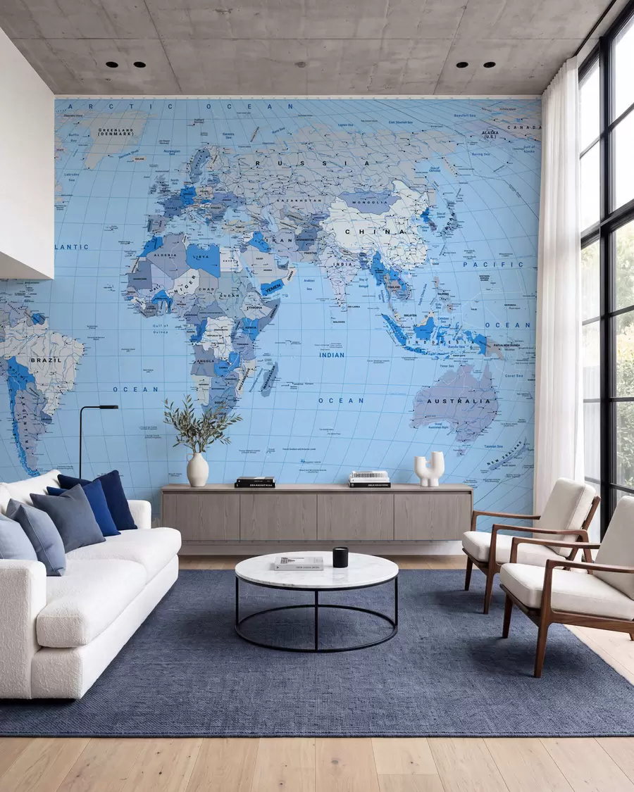 wall murals Плава политичка мапа света са заставама, на енглеском језику c00016env2