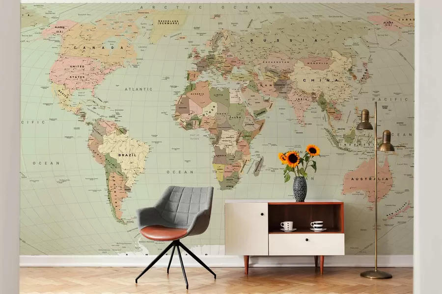 wall murals Маслинасто обојена политичка мапа света са заставама, на енглеском језику c00016env3
