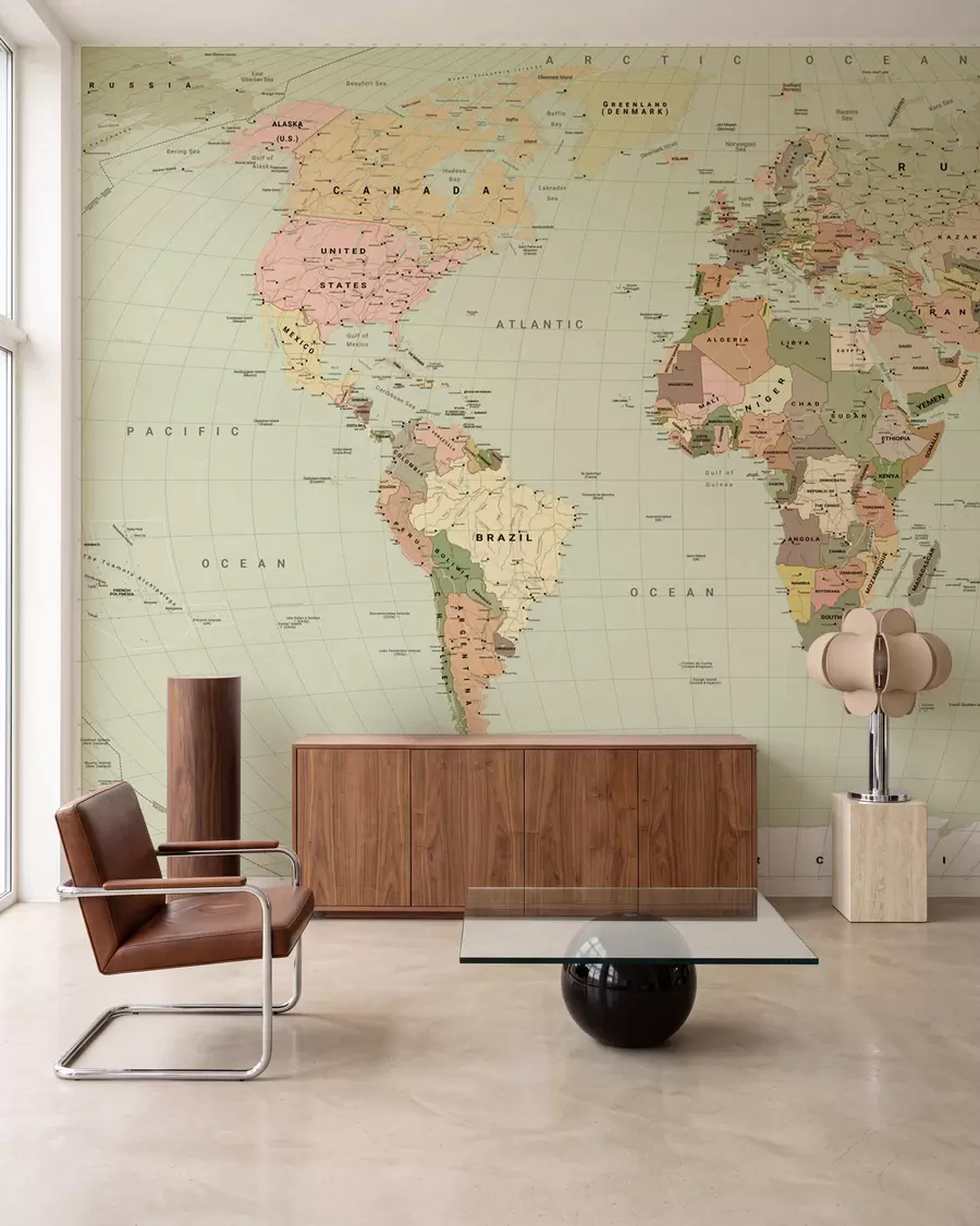 wall murals Маслинасто обојена политичка мапа света са заставама, на енглеском језику c00016env3