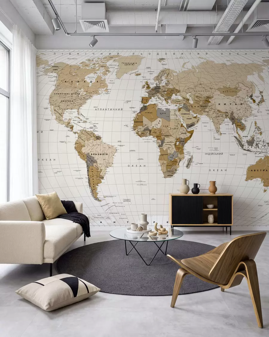 wall murals Смеђа политичка мапа света са заставама на украјинском језику c00016uk
