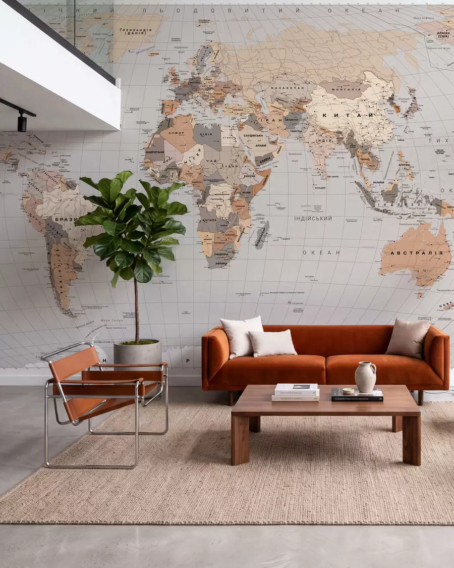 wall murals Беж политичка мапа света са заставама на украјинском језику c00016ukv1
