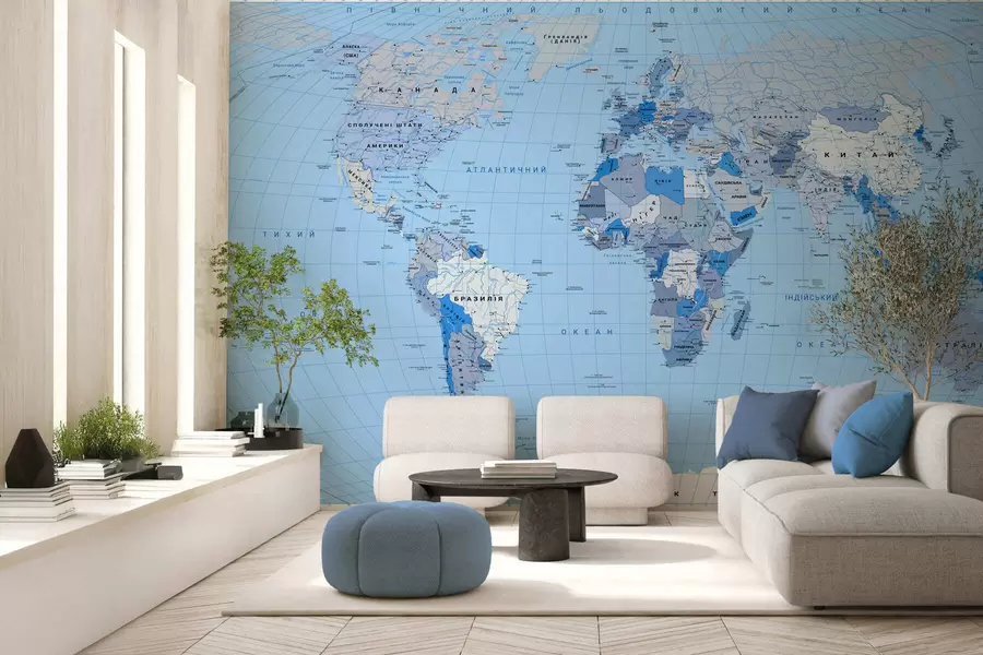 wall murals Плава политичка мапа света са заставама, на украјинском језику c00016ukv2