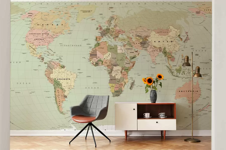 wall murals Маслинаста политичка мапа света са заставама, на украјинском језику c00016ukv3