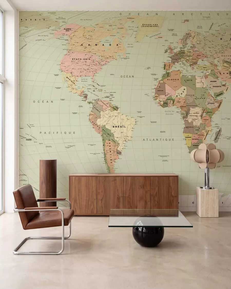 wall murals Маслинасто обојена политичка мапа света са заставама, на француском c00016frv3
