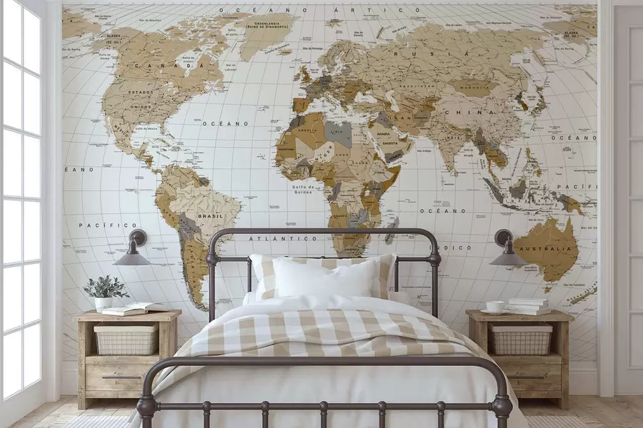 wall murals Смеђа политичка мапа света са заставама на шпанском језику c00016es