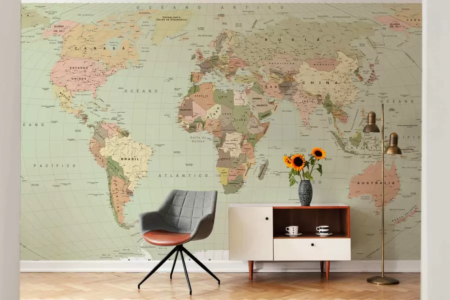 wall murals Маслинасто обојена политичка мапа света са заставама, на шпанском c00016esv3