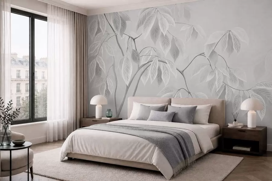 wall murals Бледе гране са великим листовима на мекој позадини w05806