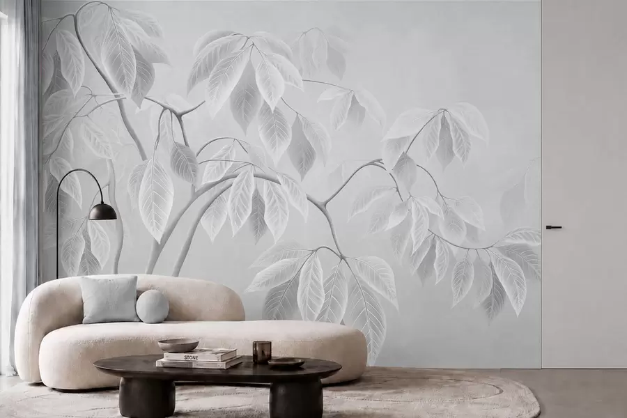 wall murals Бледе гране са великим листовима на мекој позадини w05806