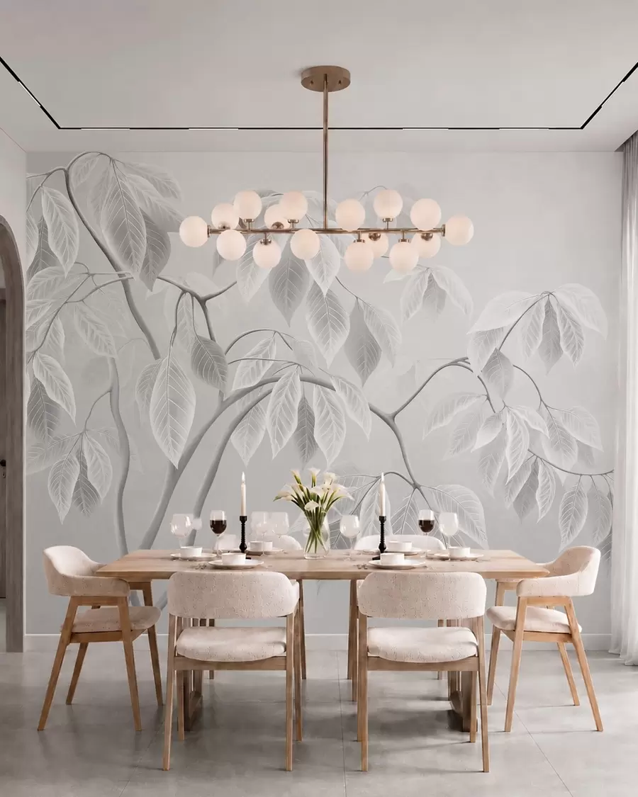 wall murals Бледе гране са великим листовима на мекој позадини w05806