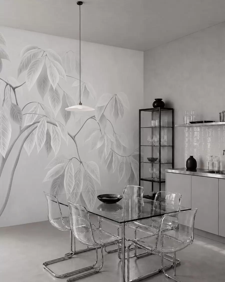 wall murals Бледе гране са великим листовима на мекој позадини w05806