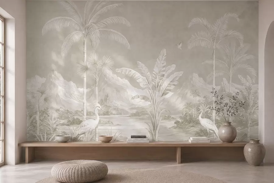 wall murals Светли тропски пејзаж са палмама, птицама и планинама w05819v1