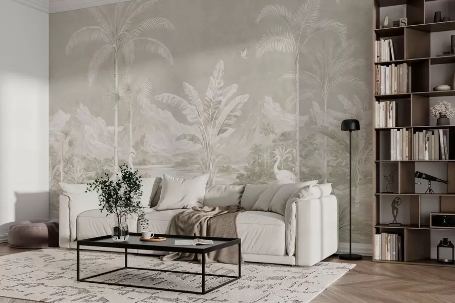 wall murals Светли тропски пејзаж са палмама, птицама и планинама w05819v1