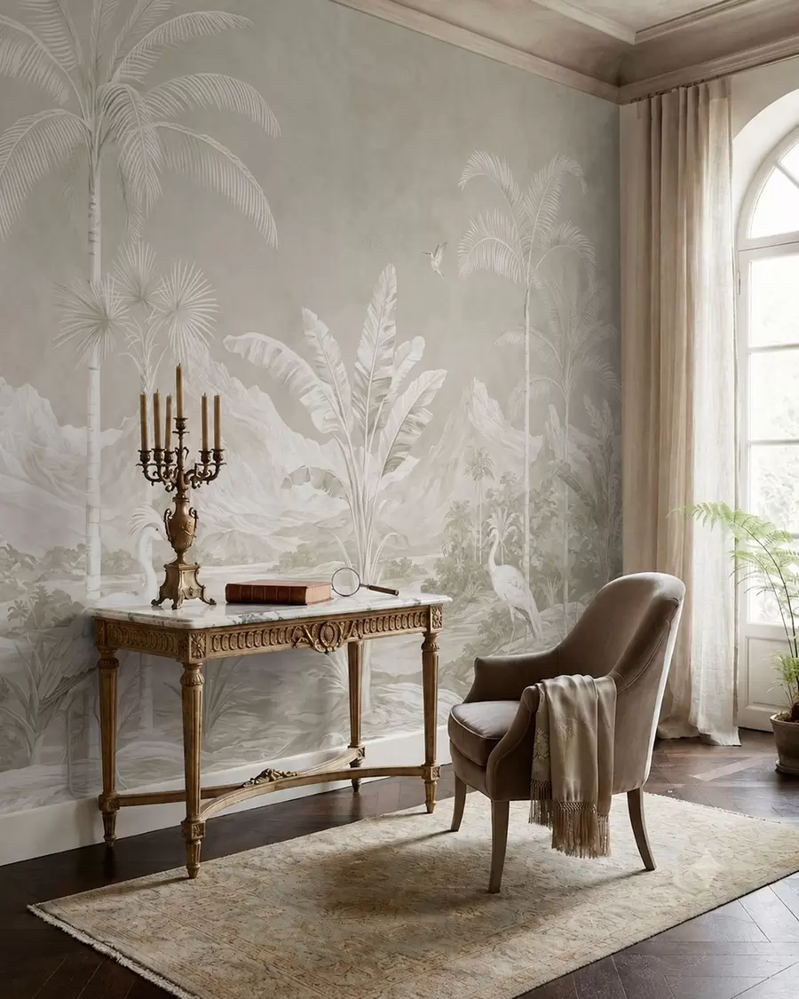 wall murals Светли тропски пејзаж са палмама, птицама и планинама w05819v1