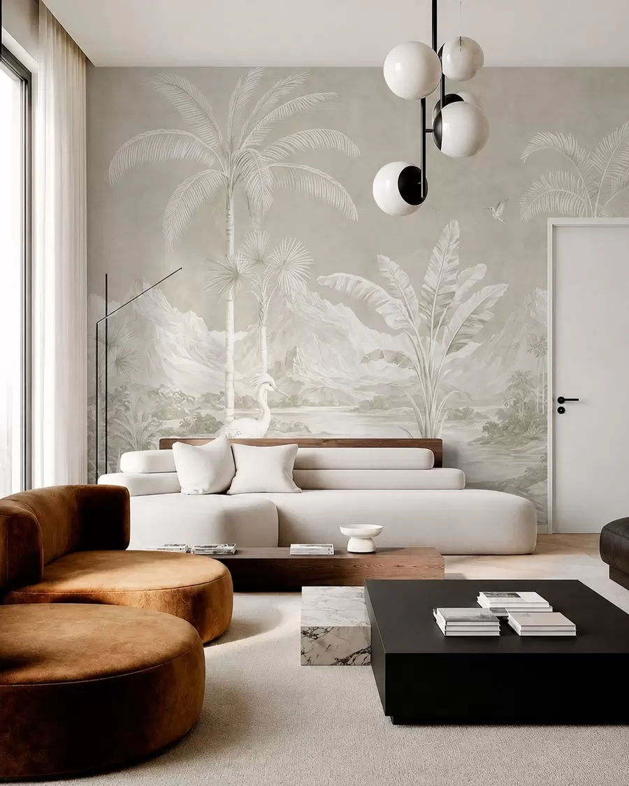 wall murals Светли тропски пејзаж са палмама, птицама и планинама w05819v1