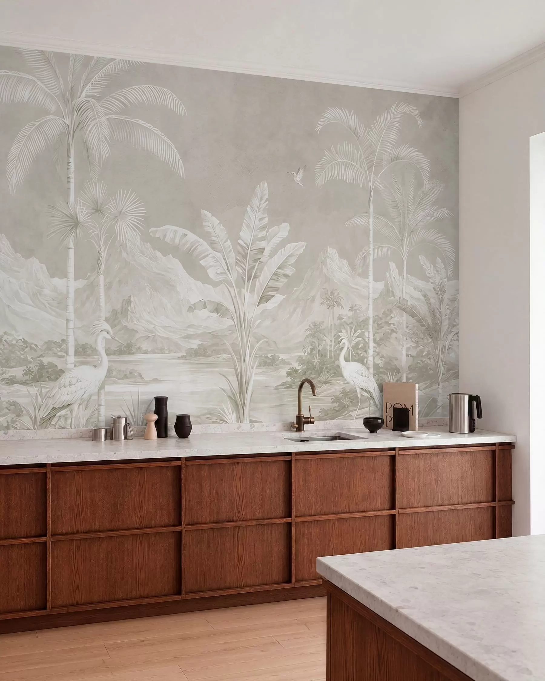 wall murals Светли тропски пејзаж са палмама, птицама и планинама w05819v1