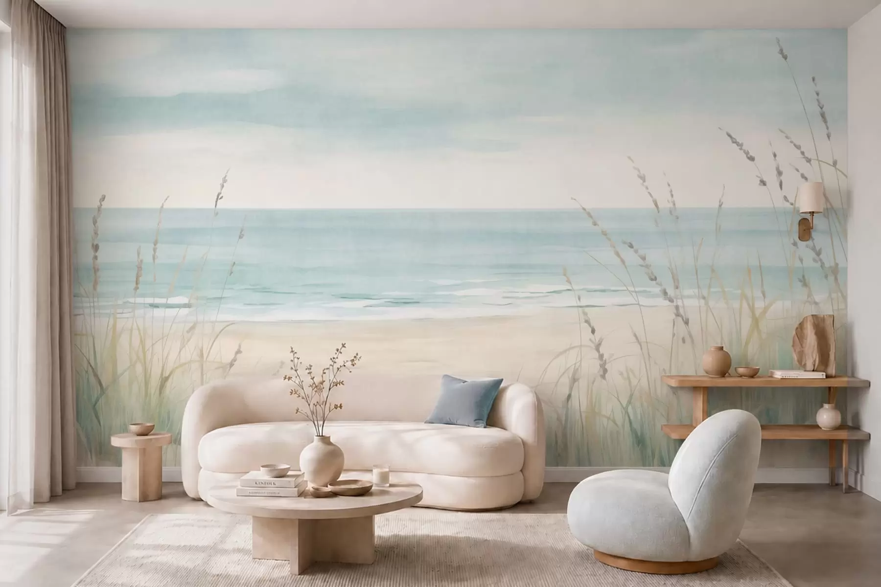 wall murals Шкољкасти песак са нежном обалом и травом у меким пастелним тоновима w05821