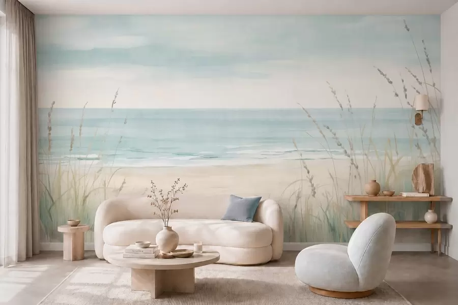 wall murals Шкољкасти песак са нежном обалом и травом у меким пастелним тоновима w05821