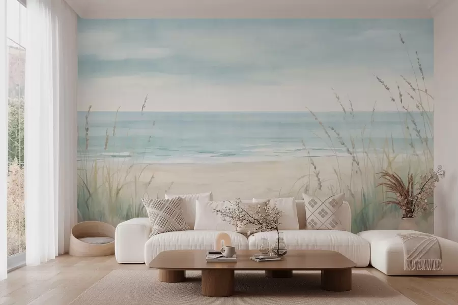 wall murals Шкољкасти песак са нежном обалом и травом у меким пастелним тоновима w05821