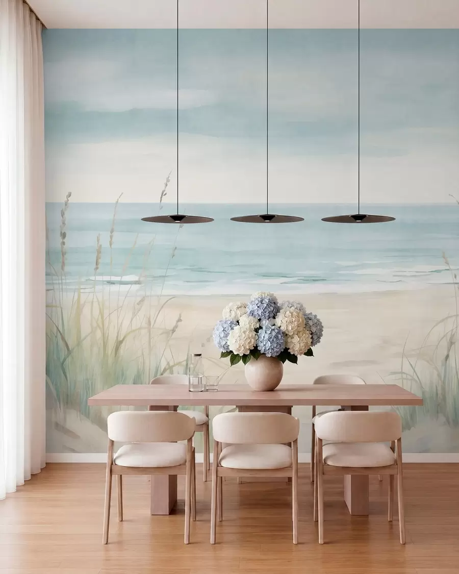wall murals Шкољкасти песак са нежном обалом и травом у меким пастелним тоновима w05821