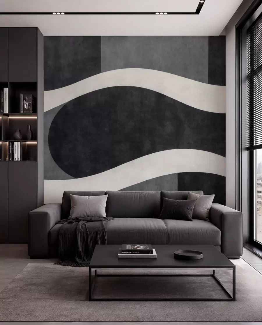 wall murals Графит са текућим бледим таласима преко дубоких угљено сивих облика w05854