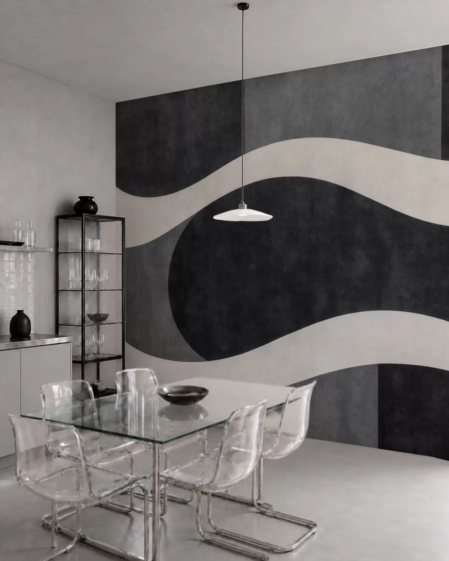 wall murals Графит са текућим бледим таласима преко дубоких угљено сивих облика w05854
