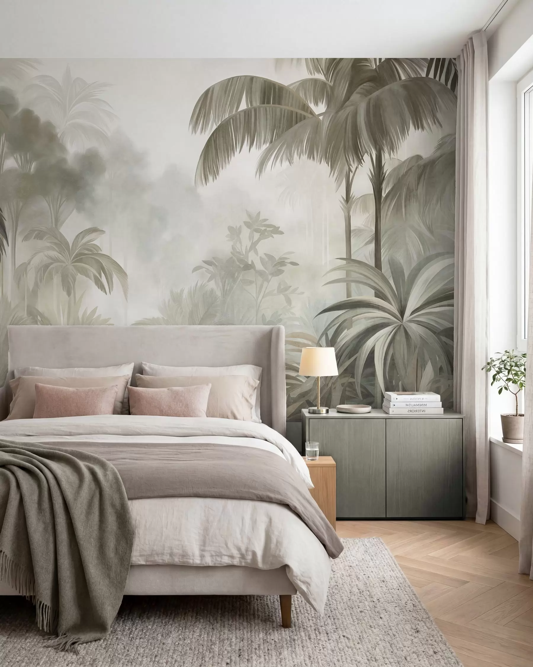 wall murals Текстурирани пејзаж џунгле са палмама и бујним лишћем, у меком, сликарском стилу w10016