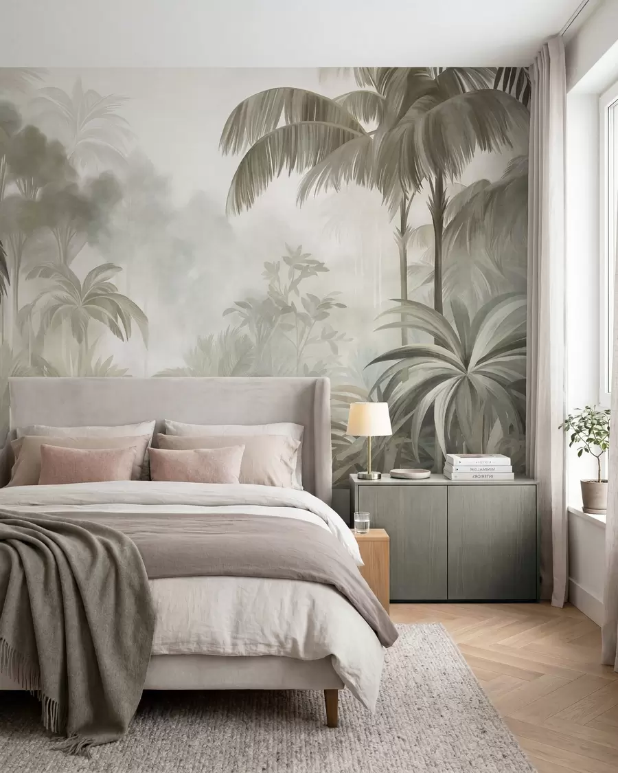 wall murals Текстурирани пејзаж џунгле са палмама и бујним лишћем, у меком, сликарском стилу w10016
