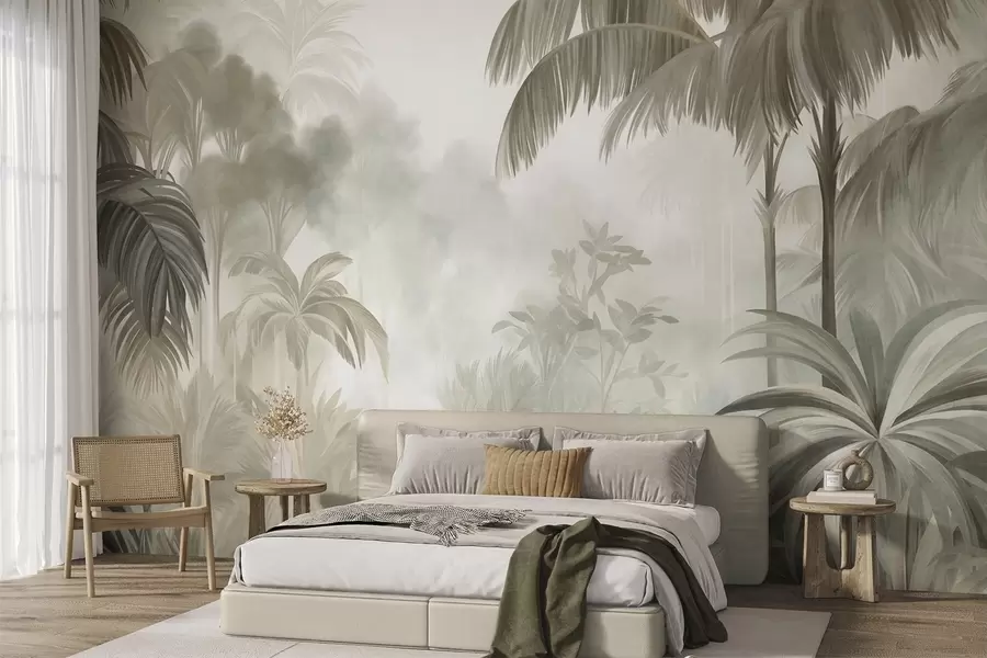 wall murals Текстурирани пејзаж џунгле са палмама и бујним лишћем, у меком, сликарском стилу w10016