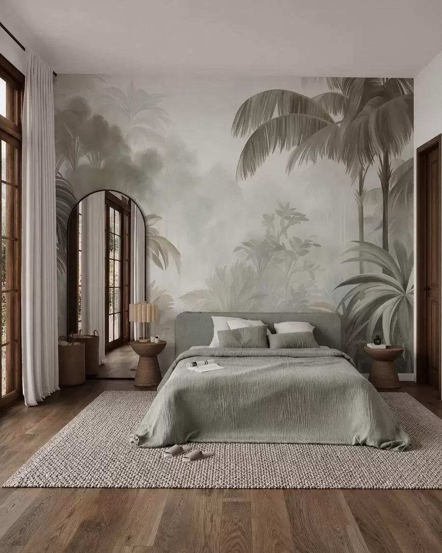 wall murals Текстурирани пејзаж џунгле са палмама и бујним лишћем, у меком, сликарском стилу w10016