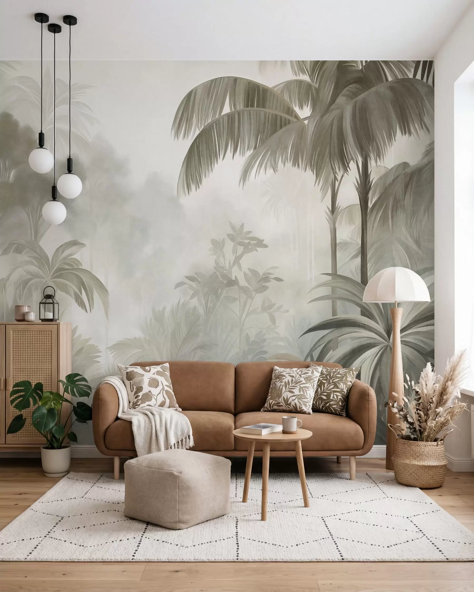 wall murals Текстурирани пејзаж џунгле са палмама и бујним лишћем, у меком, сликарском стилу w10016