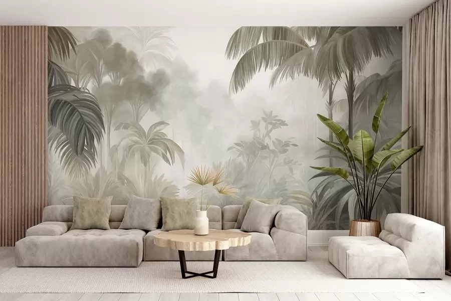 wall murals Текстурирани пејзаж џунгле са палмама и бујним лишћем, у меком, сликарском стилу w10016