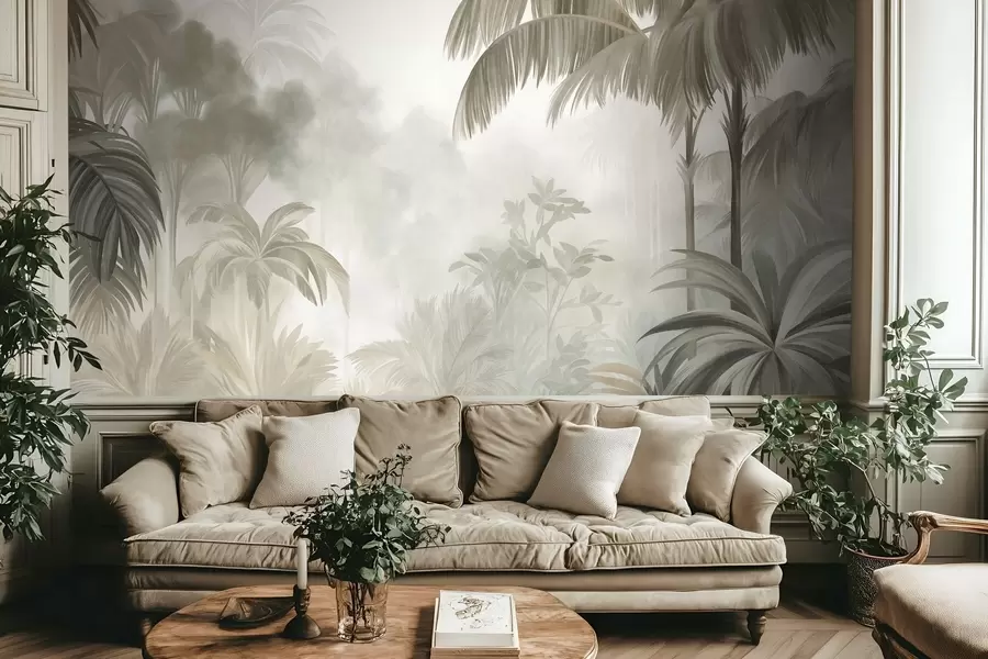wall murals Текстурирани пејзаж џунгле са палмама и бујним лишћем, у меком, сликарском стилу w10016