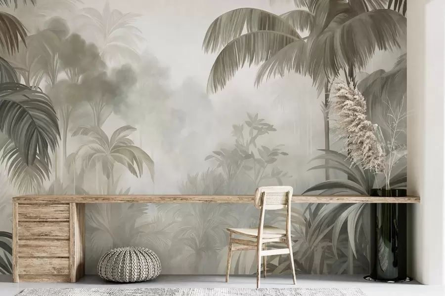 wall murals Текстурирани пејзаж џунгле са палмама и бујним лишћем, у меком, сликарском стилу w10016