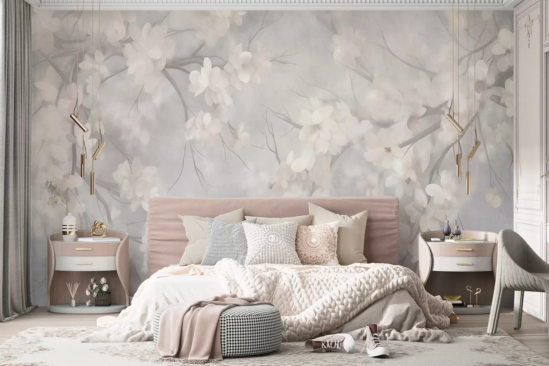 wall murals Бели цветови трешње на танким гранама, замагљена, светло сива позадина, текстурирана уметност w10012