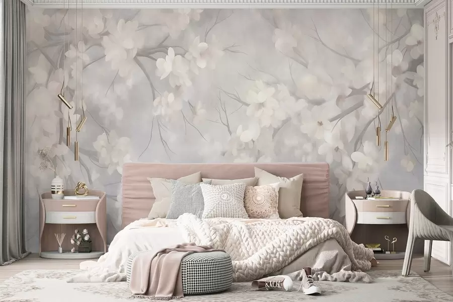 wall murals Бели цветови трешње на танким гранама, замагљена, светло сива позадина, текстурирана уметност w10012