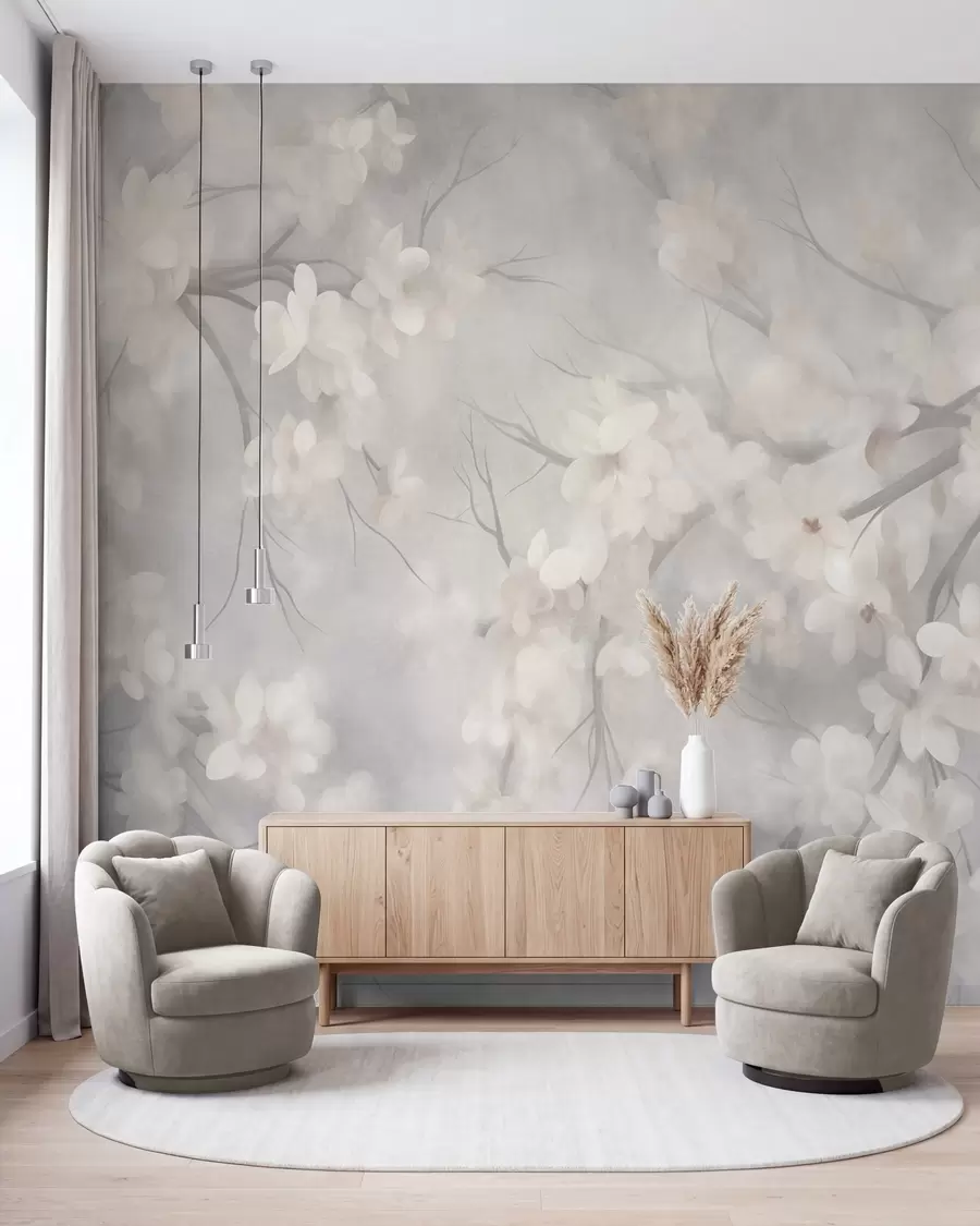 wall murals Бели цветови трешње на танким гранама, замагљена, светло сива позадина, текстурирана уметност w10012