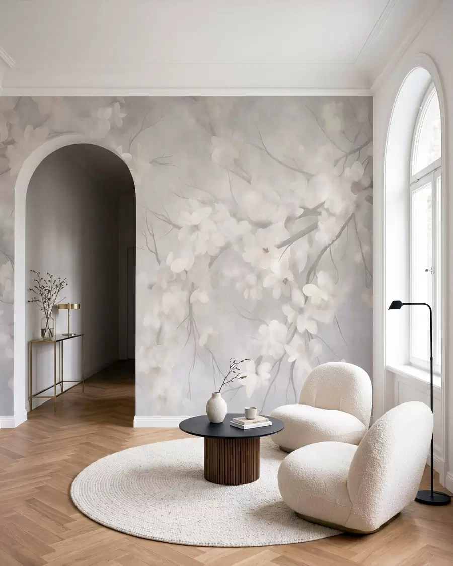 wall murals Бели цветови трешње на танким гранама, замагљена, светло сива позадина, текстурирана уметност w10012