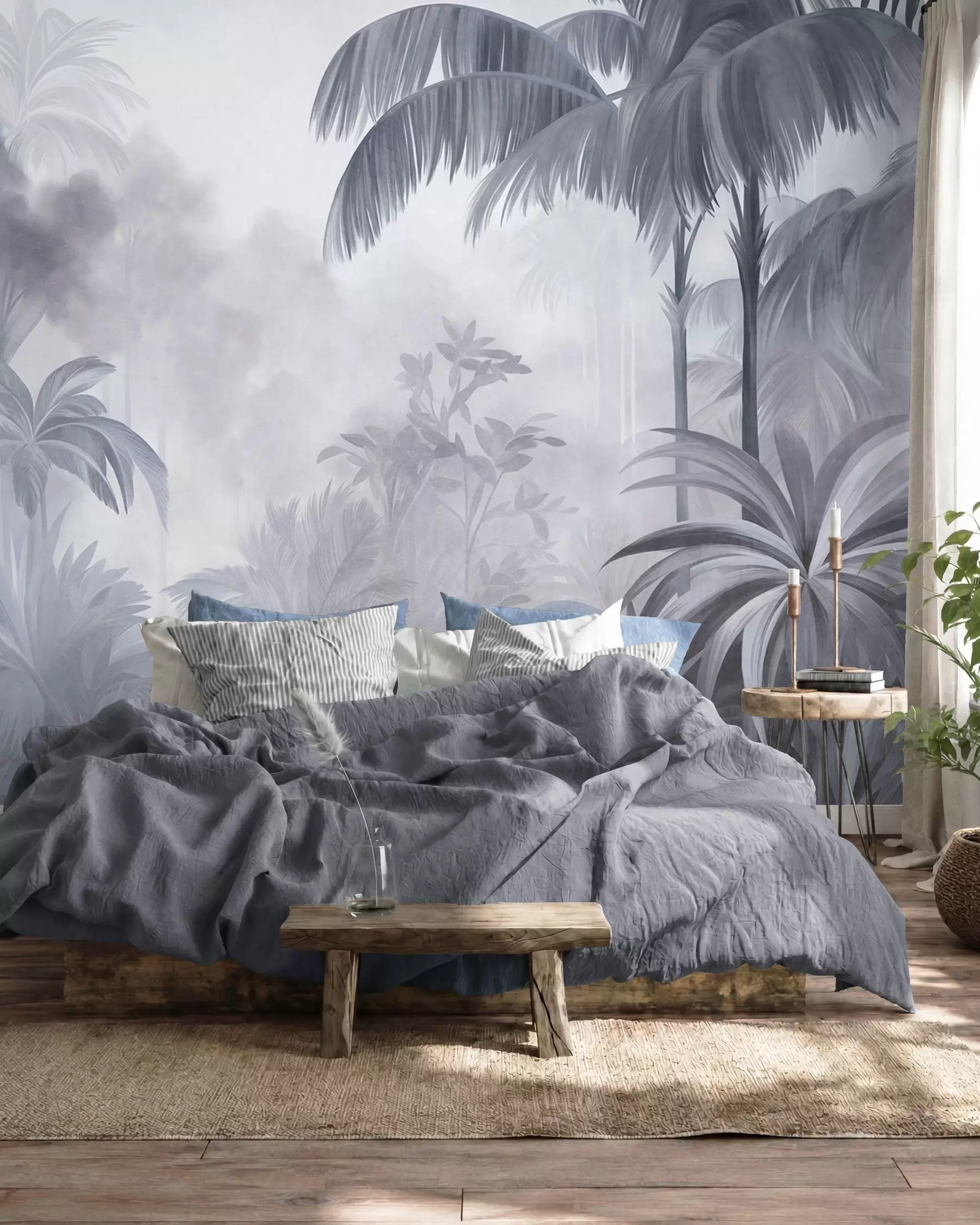 wall murals Текстурирани пејзаж џунгле са палмама и бујним лишћем, у меком, сликарском стилу w10016v1