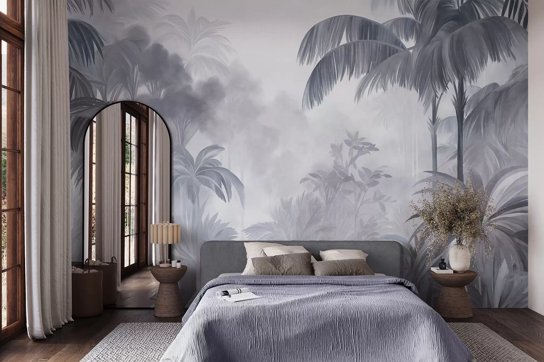 wall murals Текстурирани пејзаж џунгле са палмама и бујним лишћем, у меком, сликарском стилу w10016v1