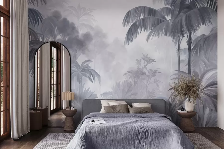 wall murals Текстурирани пејзаж џунгле са палмама и бујним лишћем, у меком, сликарском стилу w10016v1