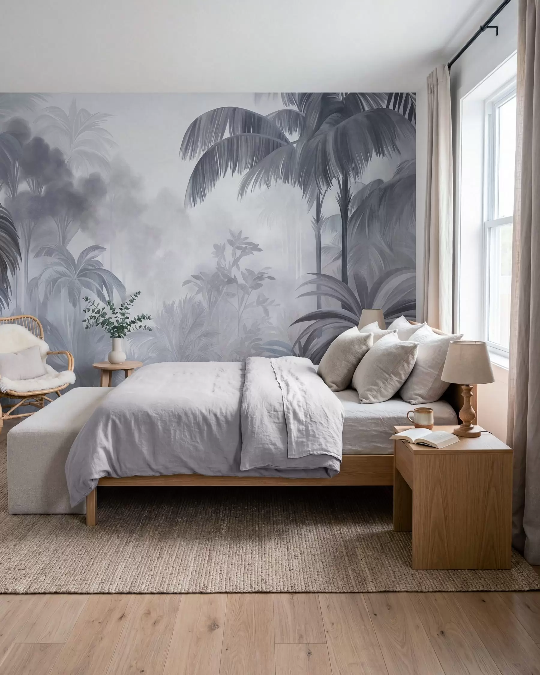 wall murals Текстурирани пејзаж џунгле са палмама и бујним лишћем, у меком, сликарском стилу w10016v1