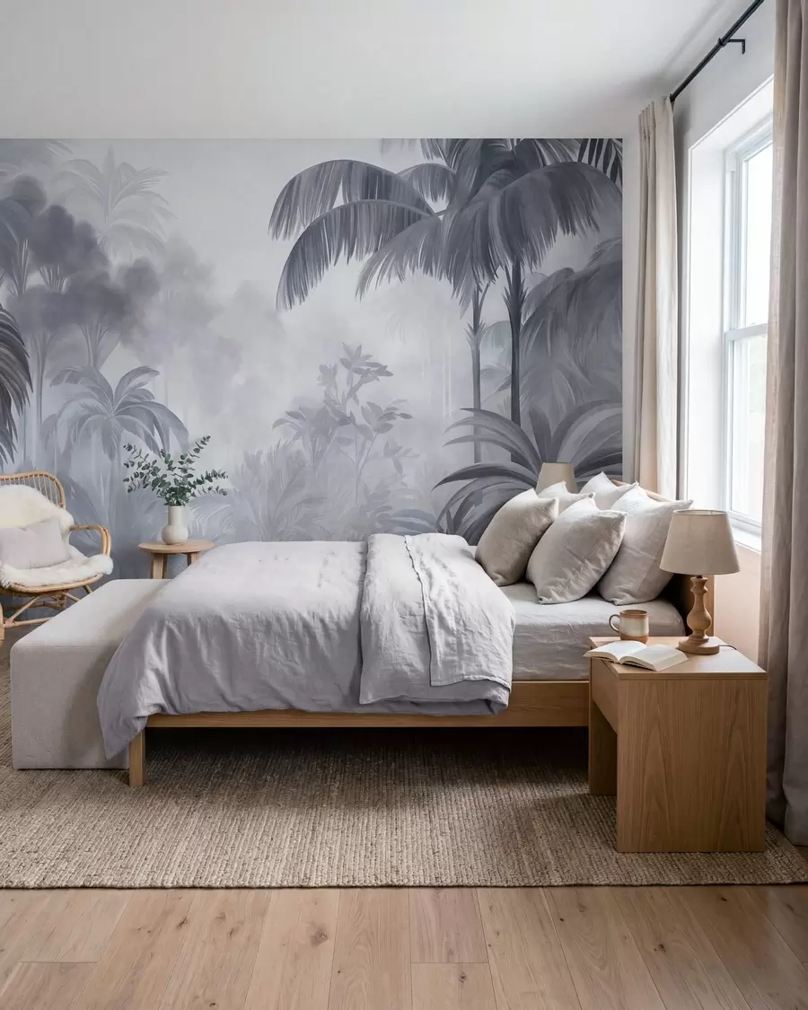 wall murals Текстурирани пејзаж џунгле са палмама и бујним лишћем, у меком, сликарском стилу w10016v1