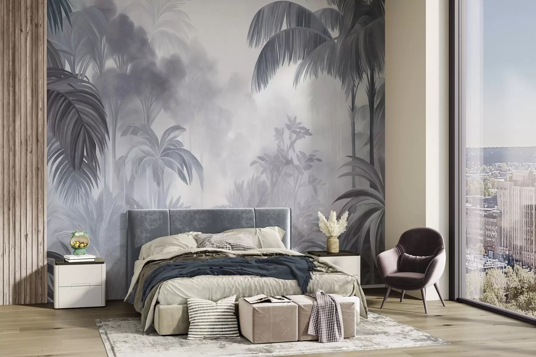 wall murals Текстурирани пејзаж џунгле са палмама и бујним лишћем, у меком, сликарском стилу w10016v1